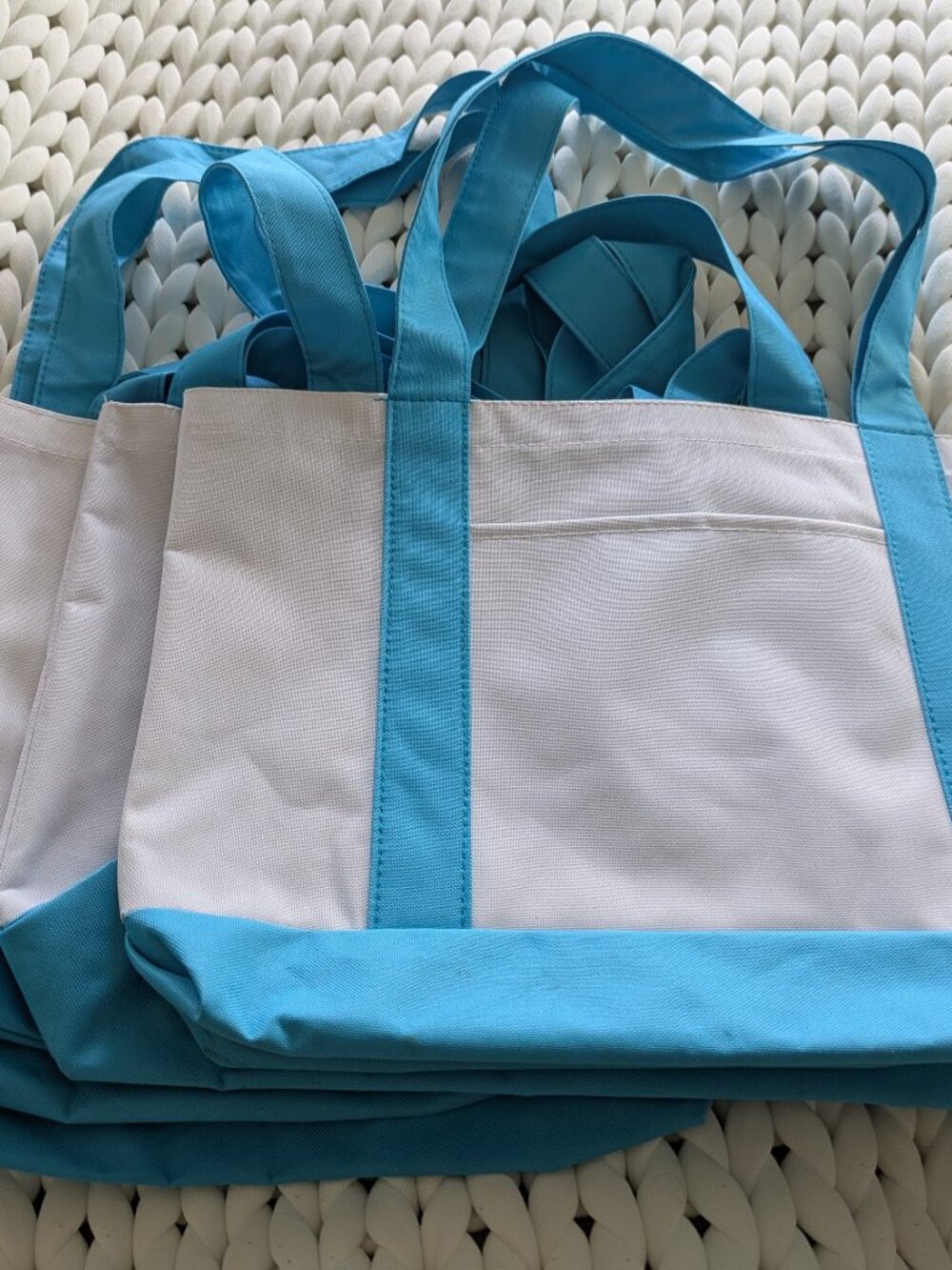 Lot of 5 Tote Bags white with aqua blue handles/trim, front pocket